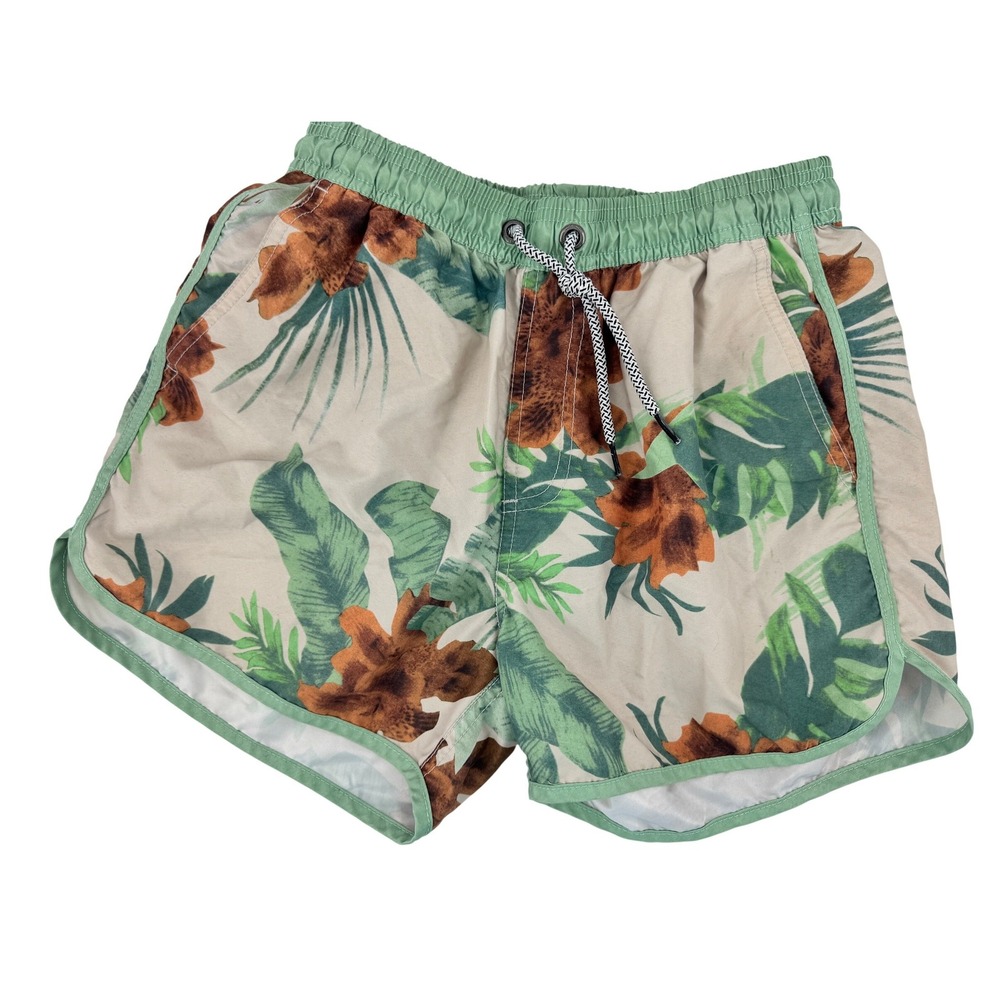 Maamgic Swim Trunks Mens XS Tan Green Tropical Floral Mesh Lined Board Shorts